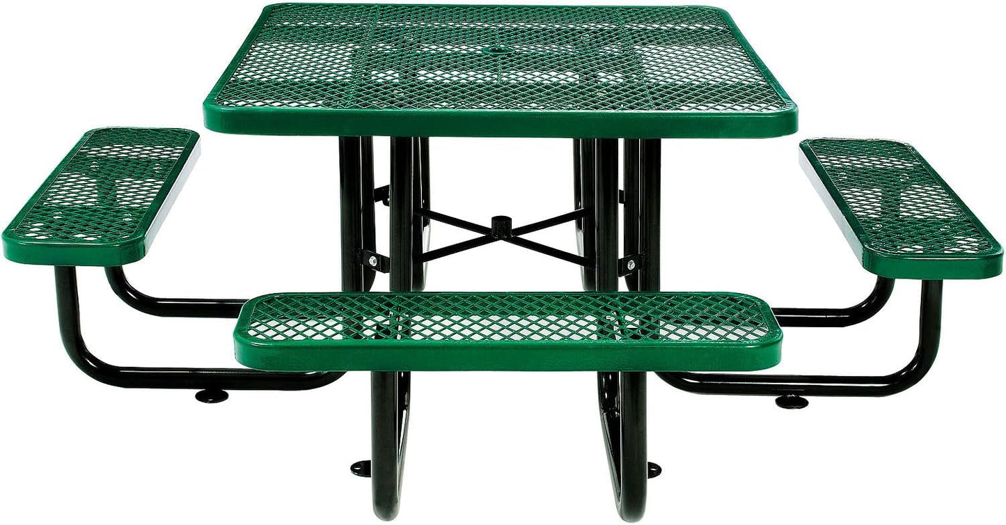 Global Industrial 46" Square Picnic Table, Expanded Metal, Green Thermoplastic Coating, Attached Benches, 1-1/2” Umbrella Pole Hole, Outdoor-Rated, 1000 lb Capacity