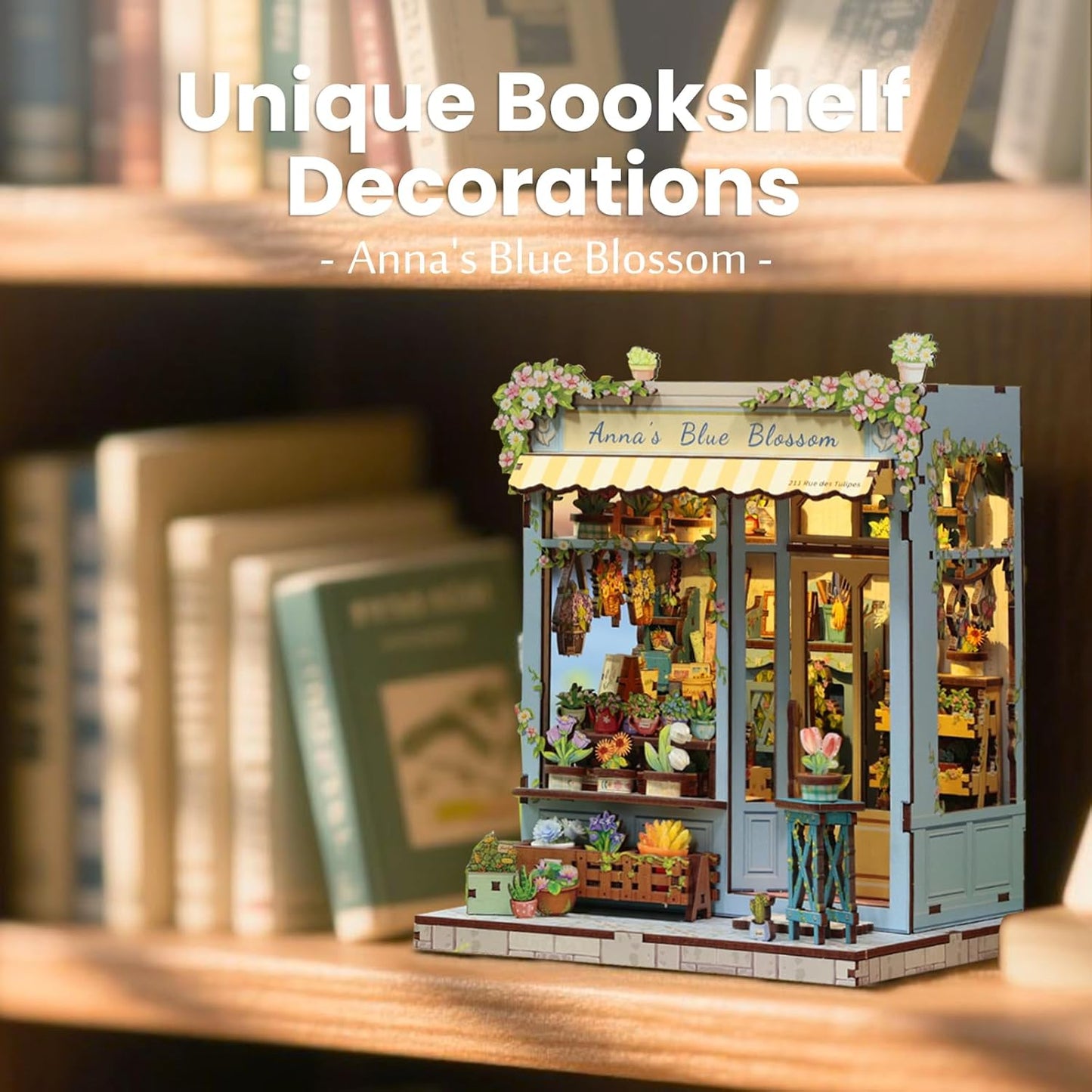 Fsolis Book Nook Kit - DIY Scene Miniature Dollhouse Kit for Adults, Bookshelf 3D Puzzles 255PCS, Tiny House Mini Flower Shop Model Booknook Craft, Gifts for Women Puzzle Lovers (Anna's Blue Blossom)