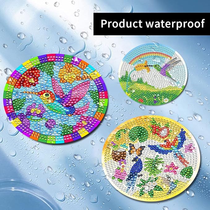 8 Pcs Diamond Art Coasters Kits for Adults with Holder Cork Pads, Hummingbird DIY Diamond Art Dots Painting Coasters Kits for Adults Beginners