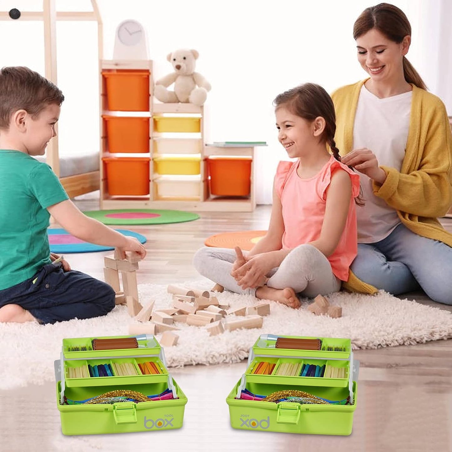 12in Three-Layer Multipurpose Storage Box Folding Tool Box/Art & Crafts Case/Sewing Supplies Organizer/Medicine Box/Family First Aid Box with 2 Trays (Green)