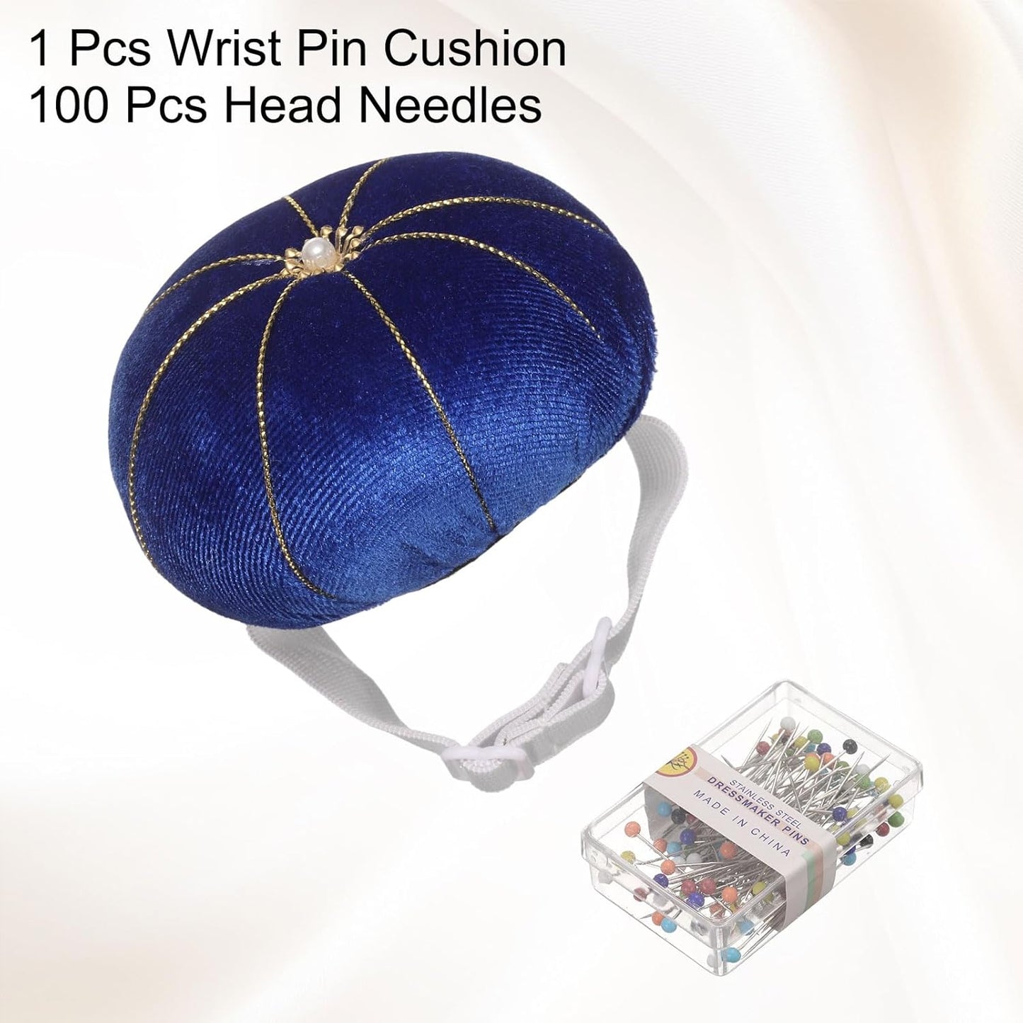 HARFINGTON Wrist Pin Cushion Wristband Sewing Pincushion Polyester Pin Holder Wearable Pumpkin Shaped Needles Wristband with 100 Head Needles for Sewing Quilting DIY Crafts, Blue