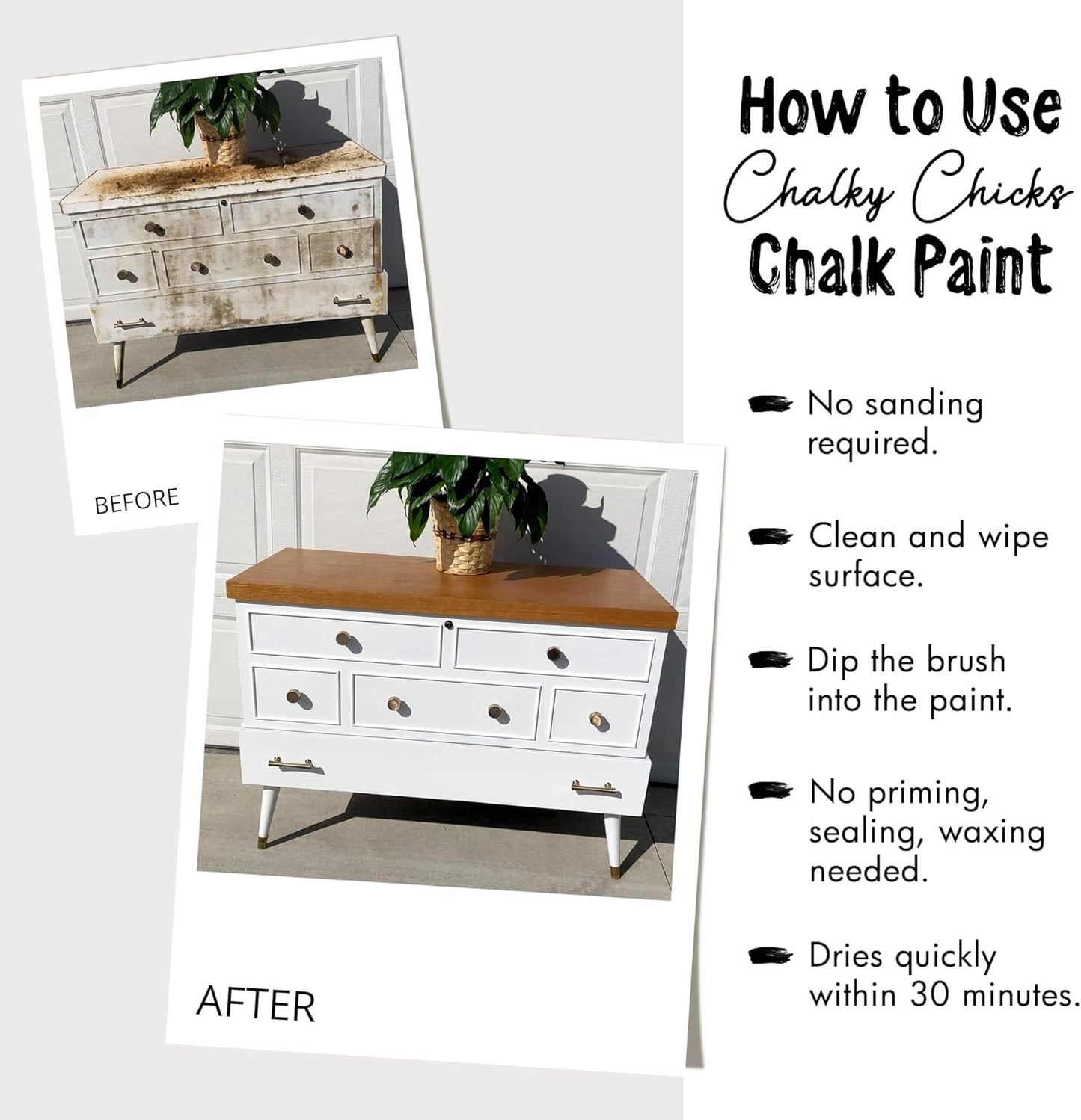 Chalky Chicks All-in-One Chalk Paint for Furniture or Cabinet -16Fl Oz-Matte Finish Powdered Snow (Pure White) for Metal, Wood Furniture Paint - No Sanding All-in-One for Home Decor & Crafts, USA Made