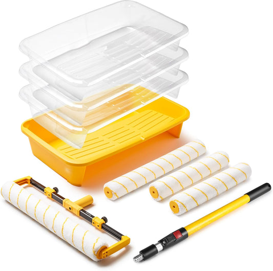 Voomey 18" Paint Roller Kit，10Pc Paint Roller Tray with Liner,12"18" Microfiber Paint Roller,Paint Extension Pole，Suitable for DIY Interior Walls, Rooms