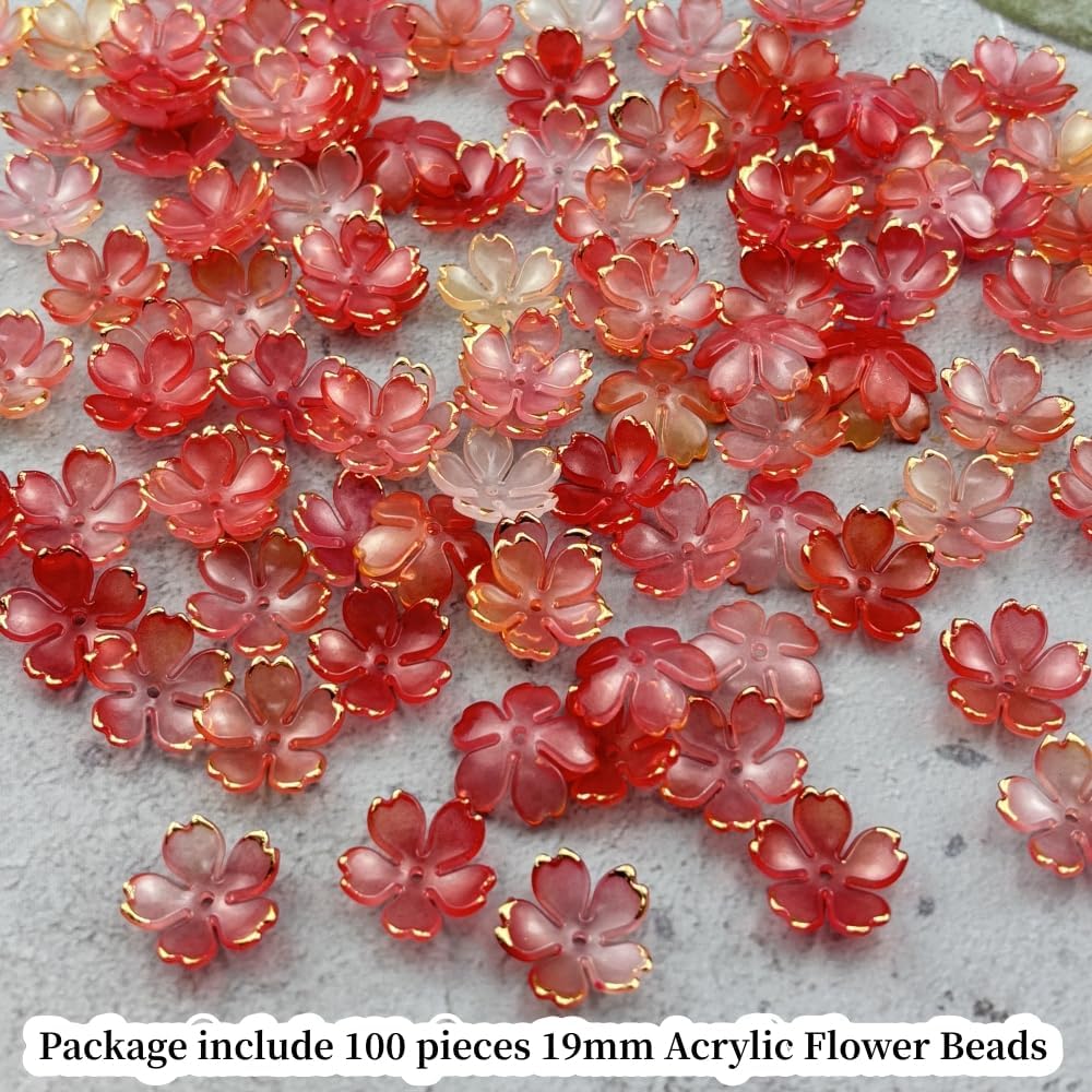 100pcs Acrylic Flower Beads, 19mm Cherry Blossom Plastic Gradient Flower Spacer Beads for DIY Crafts Bracelet Necklace Earrings Jewelry Making(Red Yellow)