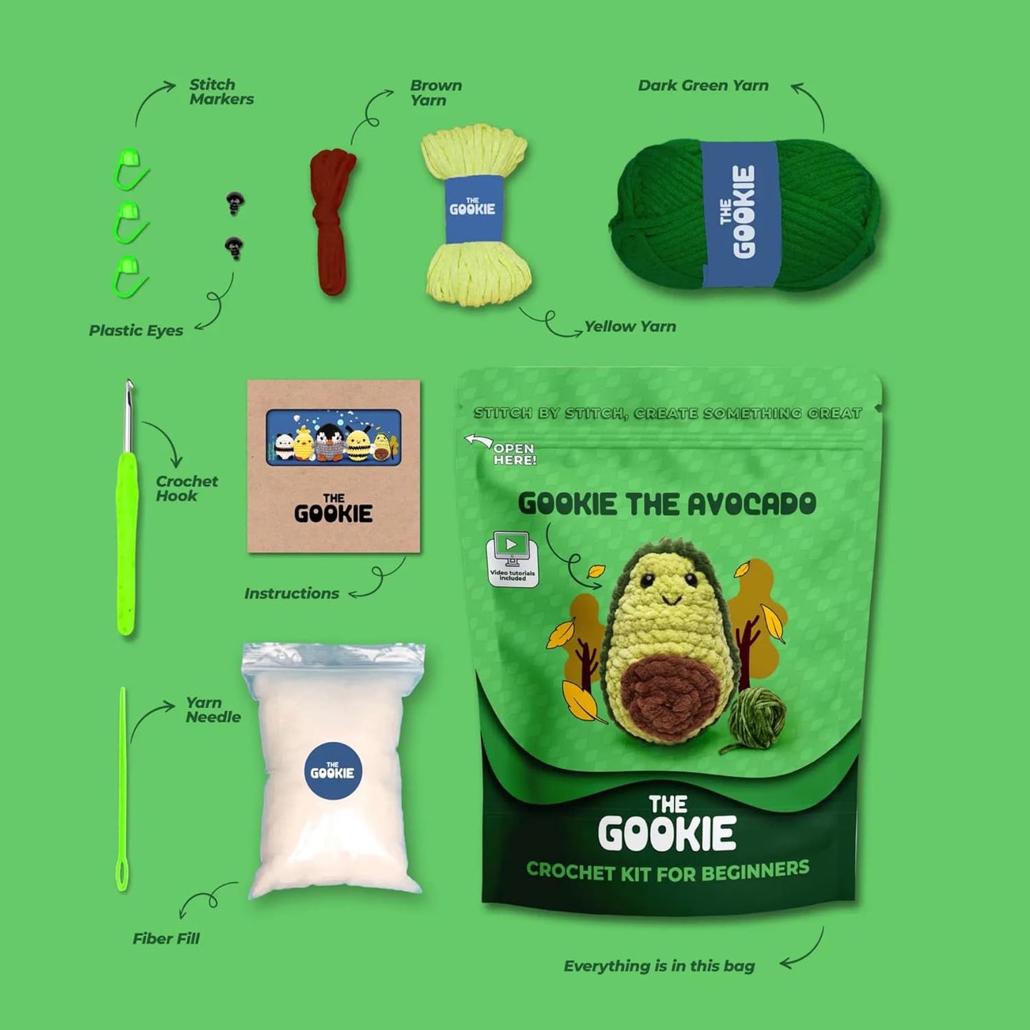 The Gookie Amigurumi Crochet Kit for Beginners – DIY Crochet Kit with Yarn, Hook, Eyes & Stuffing – Easy Starter Set with Video Tutorials – Cute Plush Toy Craft Gift for Kids, Teens & Adults (Avocado)