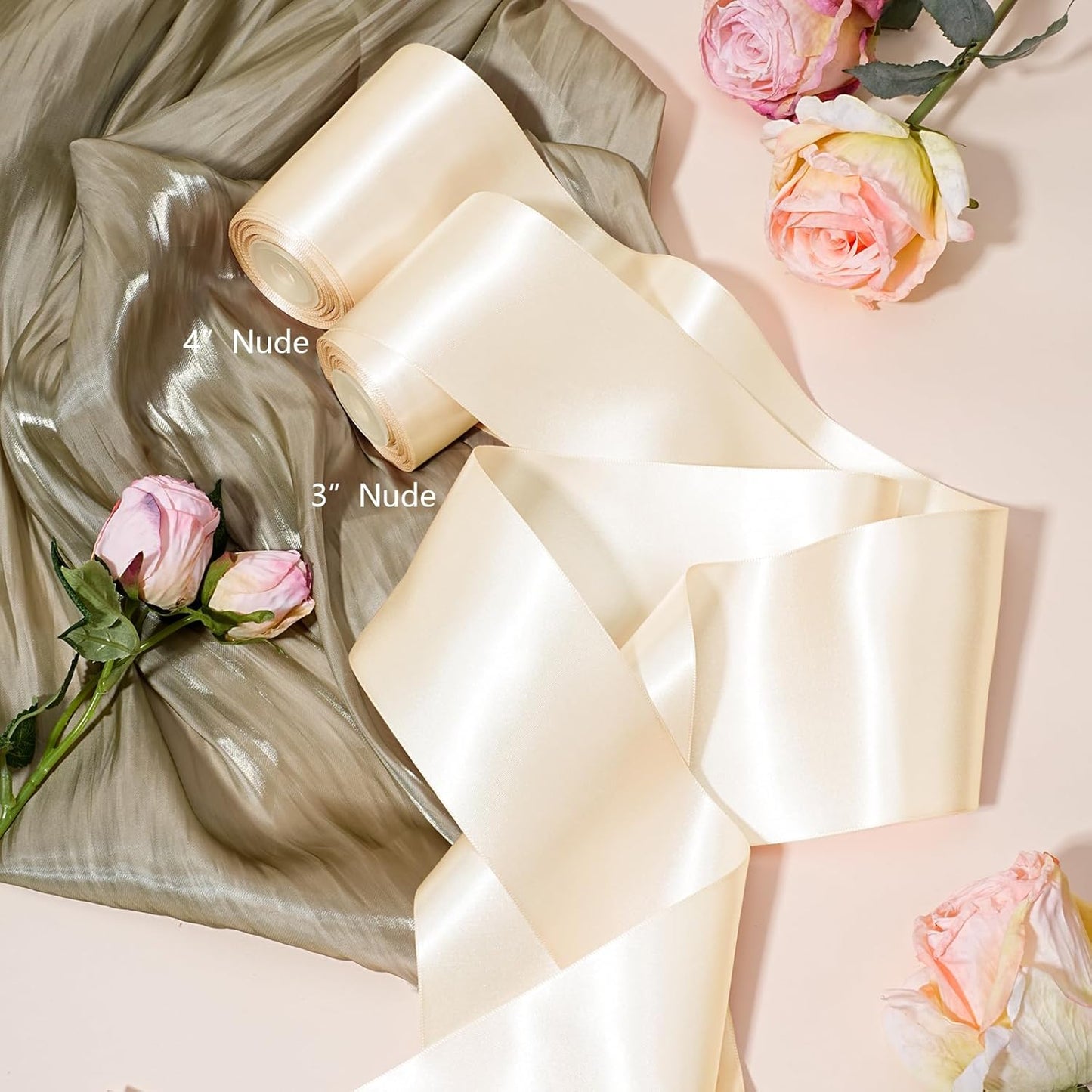 LaRibbons Nude Satin Ribbon 3 Inch 10 Yards Double Faced Luxury Nude Silk Ribbon for Gift Wrapping Flower Bouquets Bow Christmas Wedding Party Decoration
