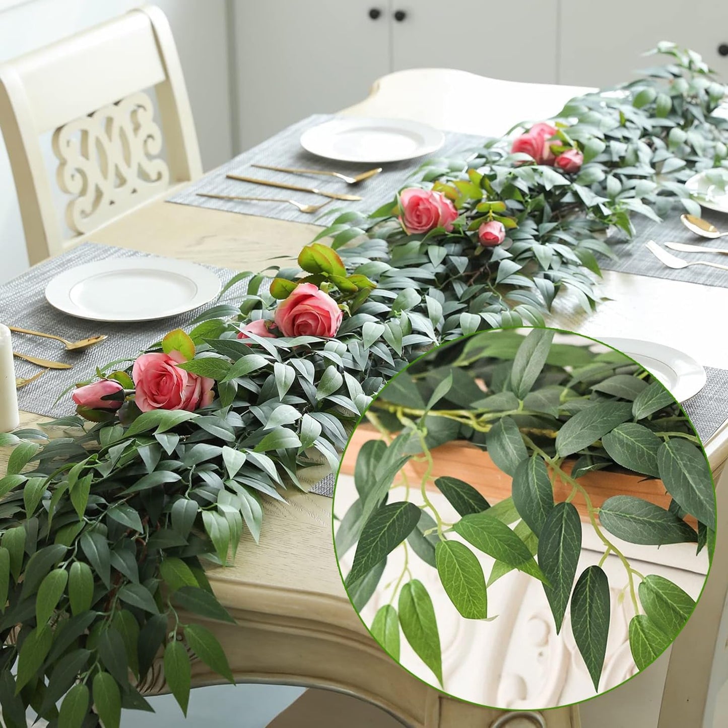 Artificial Italian Ruscus Vines, 3Pcs/75 Silk Vine Garland with Green Leaves, Fake Hanging Plants Greenery Decor for Home, Bedroom, Wall, Party, Wedding Decoration(75inch/3pcs/Vines)