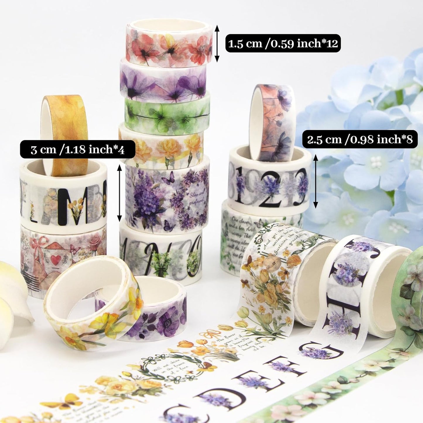 24 Rolls Washi Tape Set - Floral Alphabet Themed Decorative Masking Tape, Adhesive Artists Tape for Journaling Supplies, DIY Craft, Scrapbooking Supplies, Gift Wrapping, School Supplies
