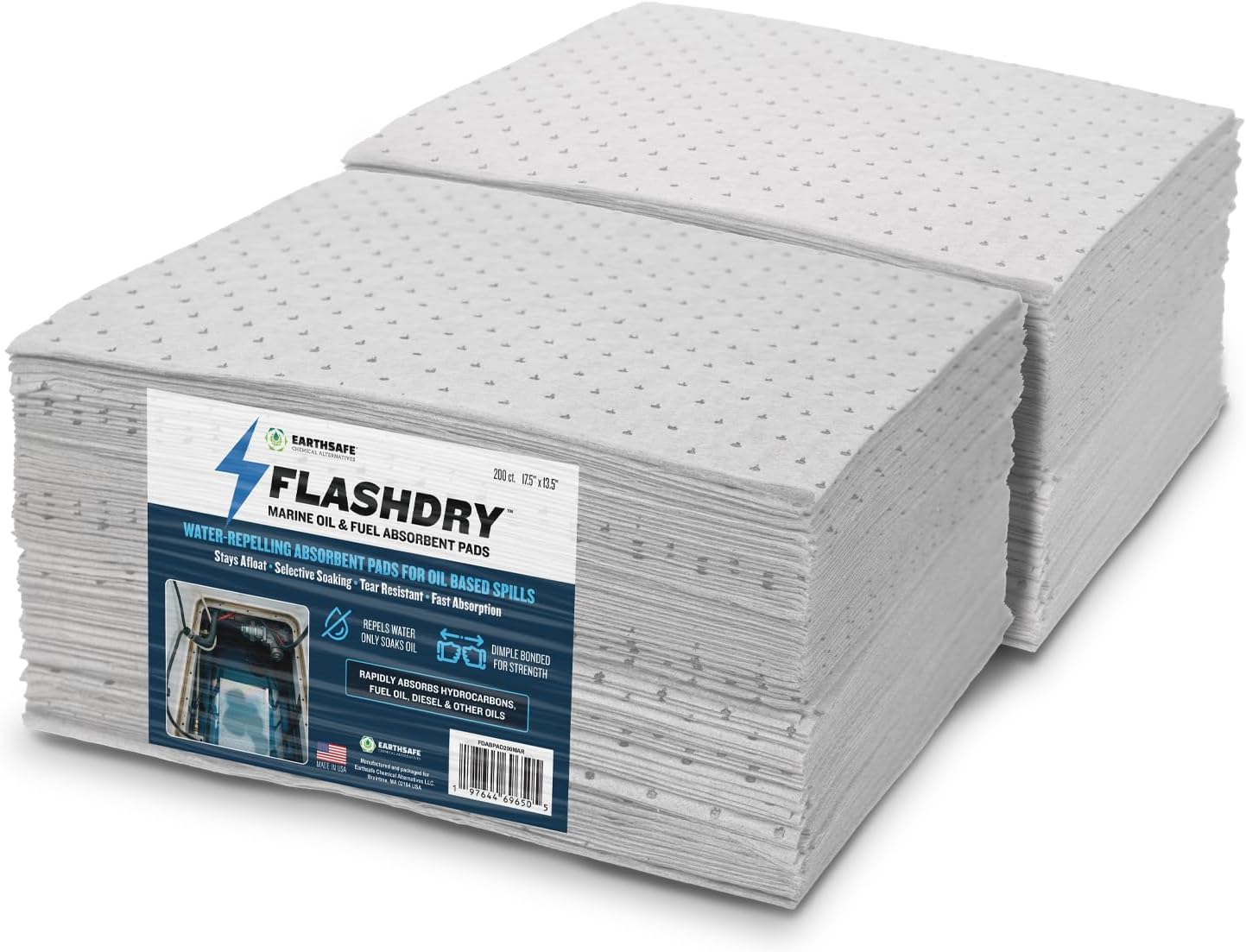 FLASHDRY Marine Oil & Fuel Spill Absorbent Pads - 17.5” x 13.5”, Water Repellent, Effective Spill Control, Marine Protection, High-Performance, Eco-Friendly, Tear Resistant (2)