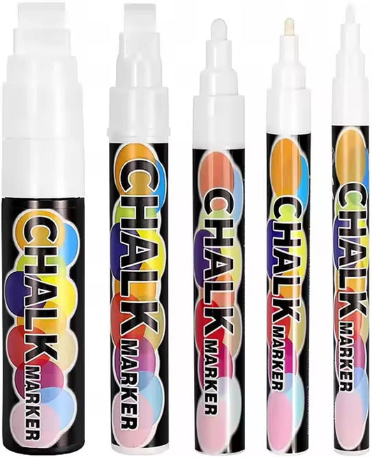 White Window Chalk Markers Pen, 5 Pack White Window Chalk Markers for Cars Glass Washable - Ideal for Use at Home, School, Office, Erasable, Dust-Free, Non-Toxic, 5 Nib Sizes (1, 3, 6, 10, 15mm)