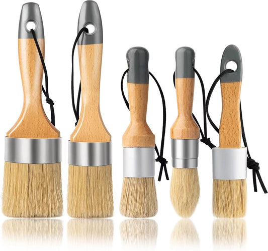 Chalk Paint Brush, Wax Paint Brush Set of 5, Wax Brushes and Chalk Paint for Furniture DIY Art Crafts, Natural Bristle Round Oval Brush for All Painting and Waxing