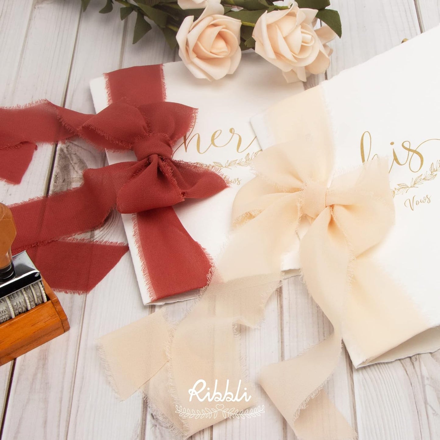 Ribbli Champagne Chiffon Ribbon 1-1/2 inch x 20 Yard Handmade Fringe Chiffon, Nude Silk Ribbon for Wedding Invitations, Bridal Bouquets Wrapping, Flower Arrangement Decoration