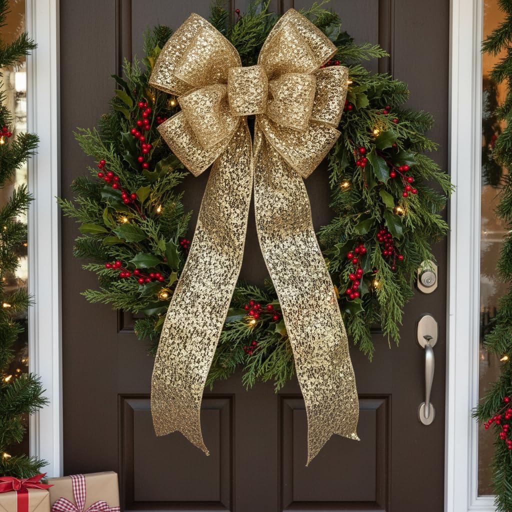 CT CRAFT LLC Sparkling Glitter Mesh Wired Ribbon 2.5" x 20 Yards Gold for Christmas Home Decor Bow Gift Wrapping DIY Crafts Wreath