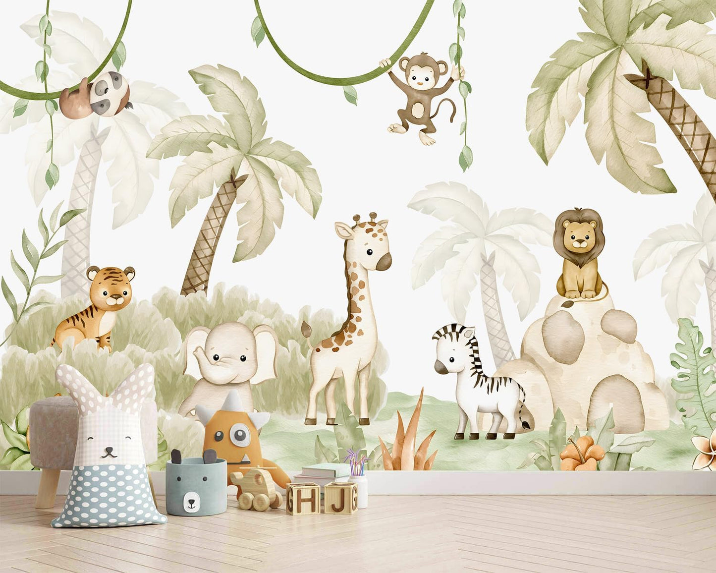 AFZEVEB-Safari Wallpaper Watercolor Animal Nursery Wall murals for Kids Room 182"x120"(Not Peel and Stick)