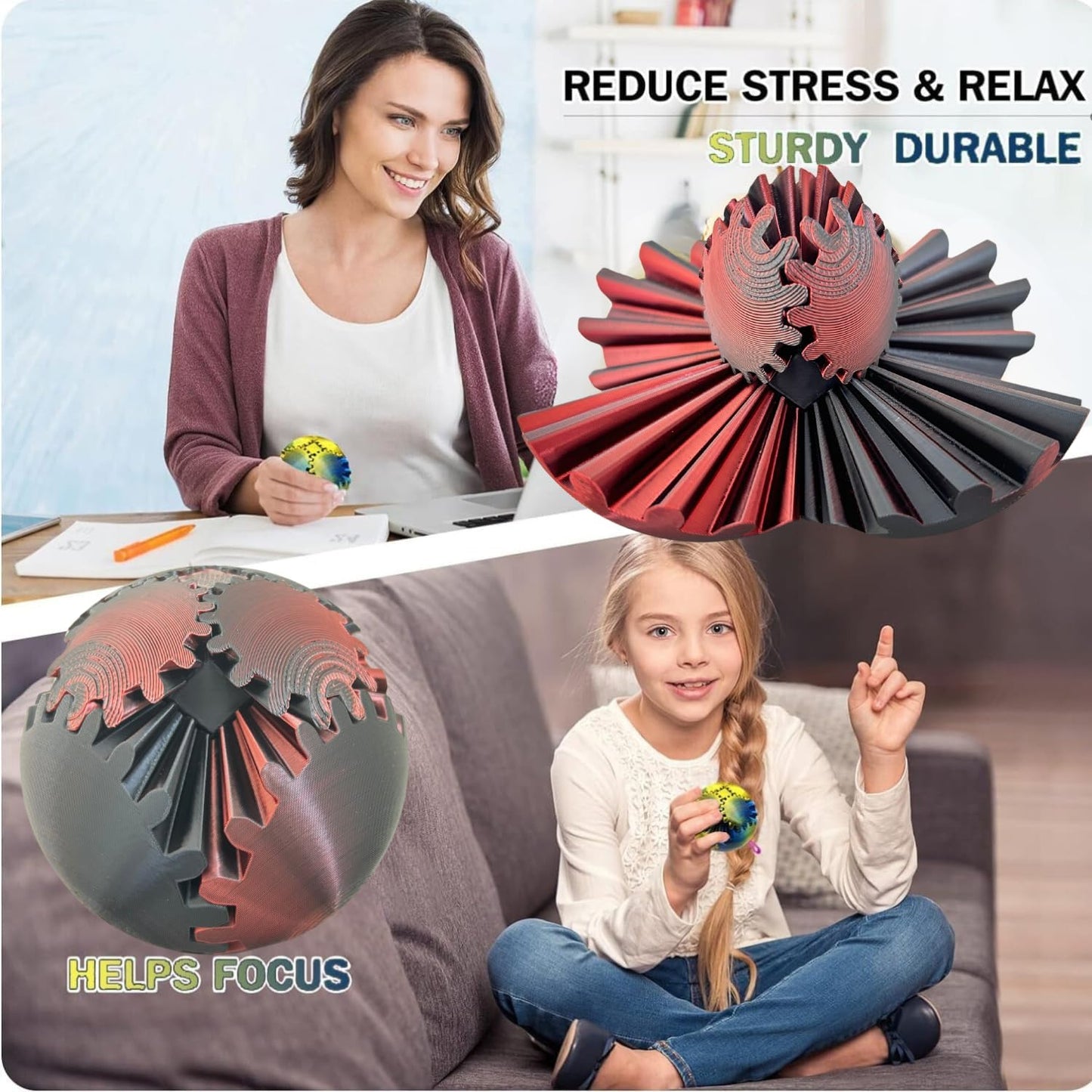 Gear Ball 3D Printed Spin Cube Fidget Toy, Sphere Stress Toy, GearSphere Desk Toy for Anxiety Relaxing (Laser Dark Red)