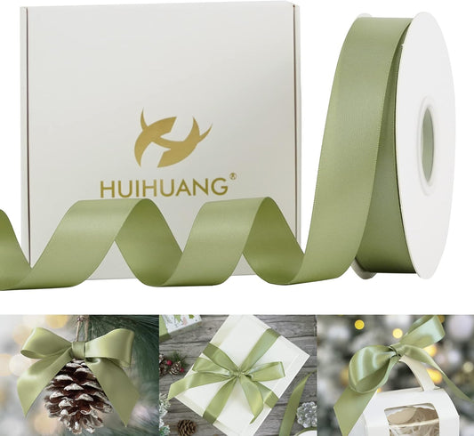 HUIHUANG Satin Ribbon 1 inch Sage Green Ribbon 50 Yards Double Face Silk Satin Ribbons for Crafts Spring Moss Ribbon for Gift Wrapping Bows Floral Bouquet Cake Wedding Invitation Card Party Decor