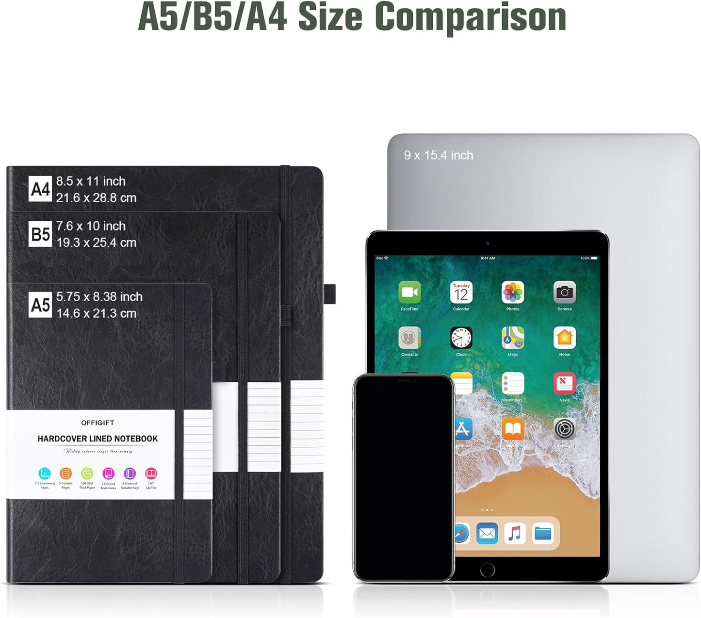 Lined Journal Notebook, Large A5 College Ruled Notebook, 312 Numbered Pages Work Notebook with Index Stickers, 100gsm Thick Paper, Hardcover Vegan Leather Journal for Women Men School Office, Green