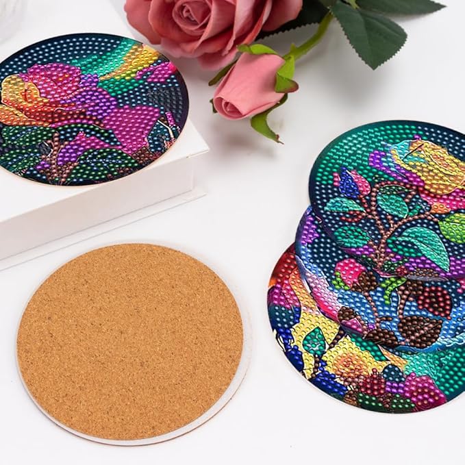 8 Pcs Diamond Art Painting Coasters with Holder, DIY Oil Peony Rose Flower Diamond Art Coasters for Drinks Diamond Art Painting Kits for Beginners, Diamond Craft Supplies for Adults Coaster Gift