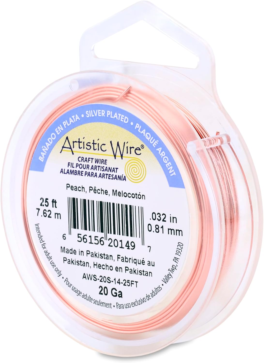 Artistic Wire, 20 Gauge Silver Plated Tarnish Resistant Colored Copper Craft Wire, Peach, 25 ft
