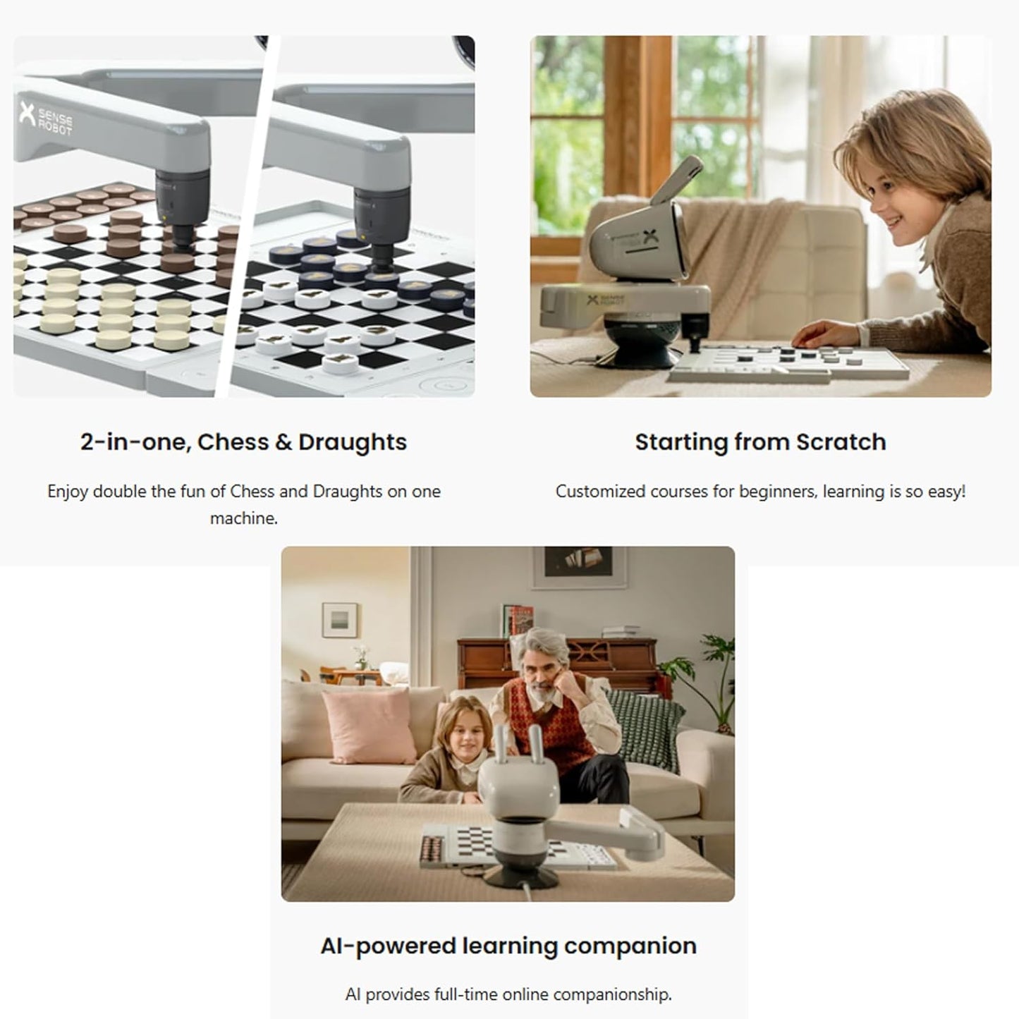 SenseRobot Lite — 2-in-1 AI Robotic Chess & Checkers Set | 25 Chess Levels (Elo 200–2900), Epic Duel Elo 3200, 10 Checkers Levels, Voice Guidance, Screen-Free Play, 1,200+ Lessons, Cloud & OTA