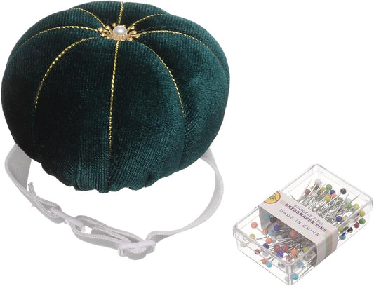 HARFINGTON Wrist Pin Cushion Wristband Sewing Pincushion Polyester Pin Holder Wearable Pumpkin Shaped Needles Wristband with 100 Head Needles for Sewing Quilting DIY Crafts, Green