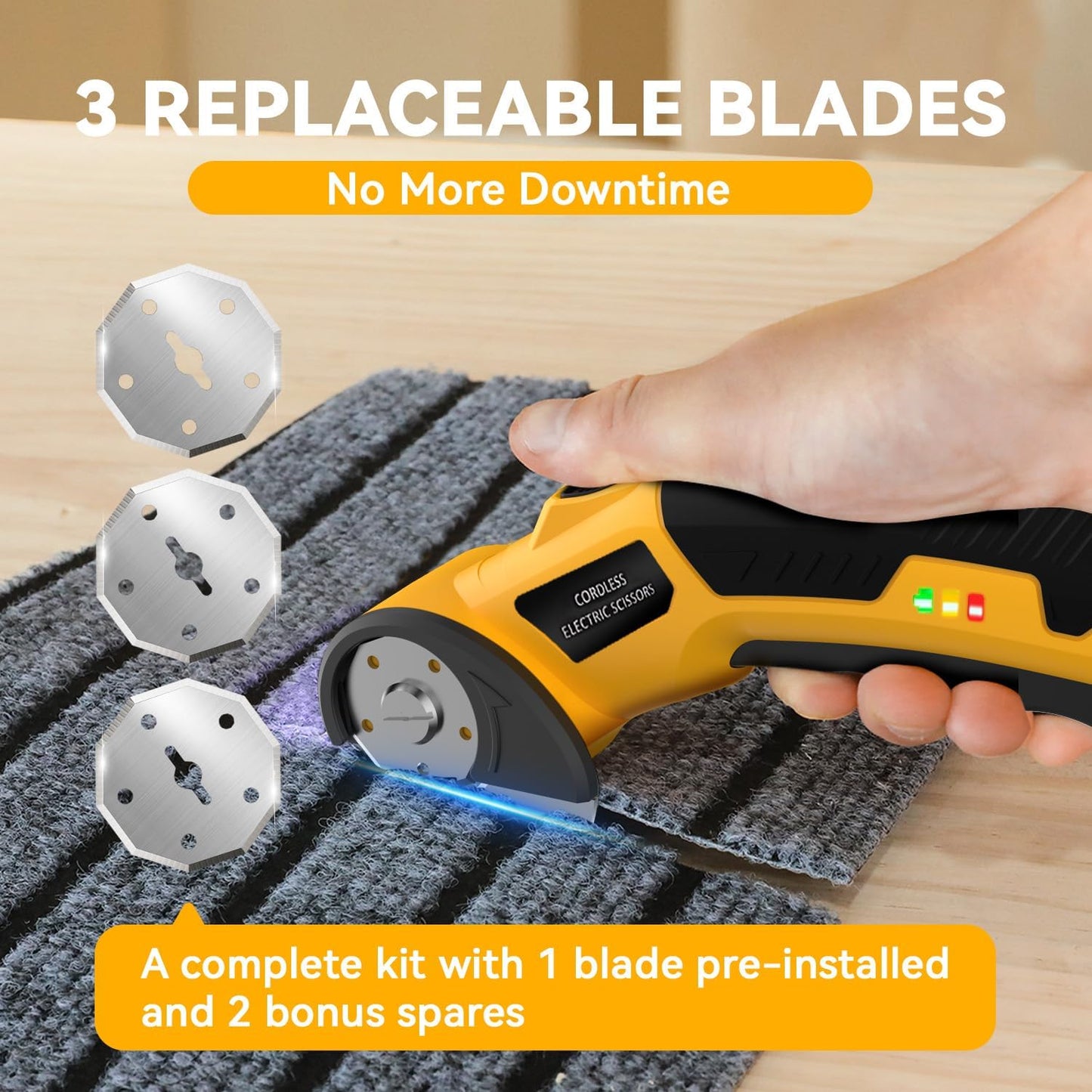 Cordless Electric Scissors: 4V Rechargeable Cardboard Cutter, 3 Blades, Safety Lock & LED Light, Box Cutter for Carton Carpet Plastic Fabric Leather(Yellow）