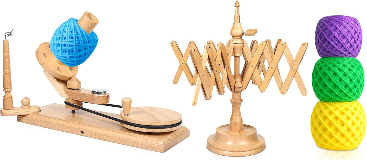 Wooden Yarn Ball Winder & Table Top Swift Set, Hand Operated Beechwood Combo Winder, Large Capacity 8 to 10 oz Yarn Fiber Winder, Wool String Swift Winder (Beechwood Winder & Swift)