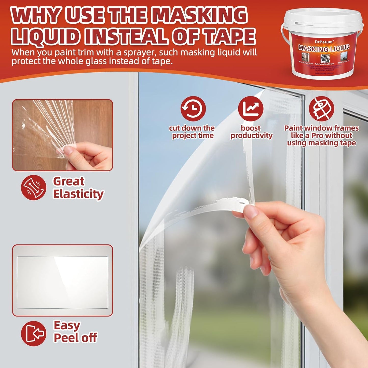 Masking Liquid Tape, Transparent Peelable Coating for Protect Windows Glass, Used for Priming Windows, Floors and Non-Porous Surfaces Painting, 1 Quart (with Paint Brush)
