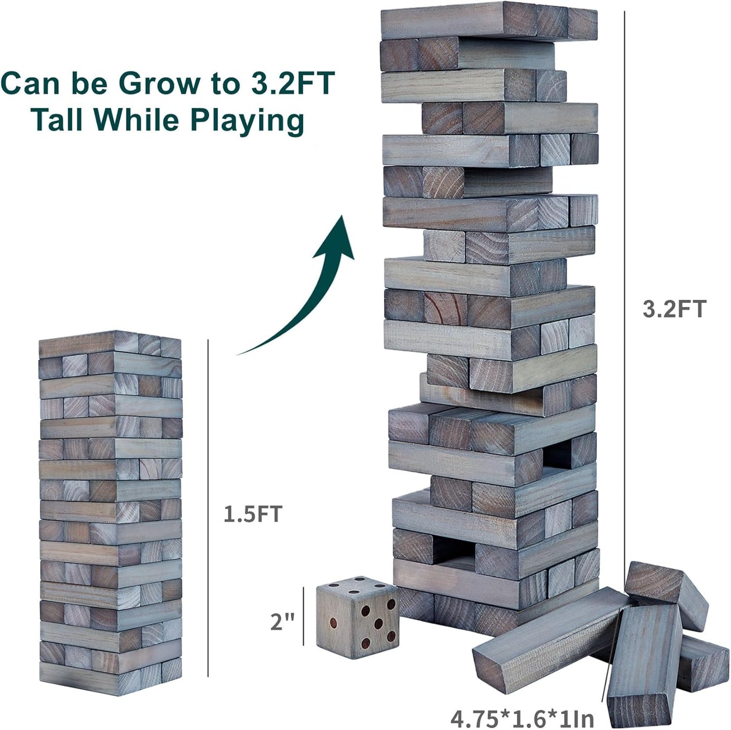 ApudArmis 54 PCS Tumble Timber Set Up to 3.2FT, Pine Wooden Tumble Tower Game with Dice and Scoreboard Set - Classic Block Stacking Board Game for Adults Teenagers (Gray)