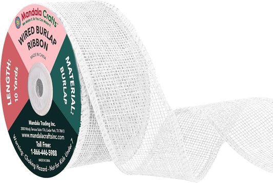 Mandala Crafts White Burlap Wired Ribbon 1.5 Inches Wide Jute Ribbons for Crafts - 10 Yds Roll Rustic Burlap Wrap Trim Ribbons for Wreaths Bows Party Decoration