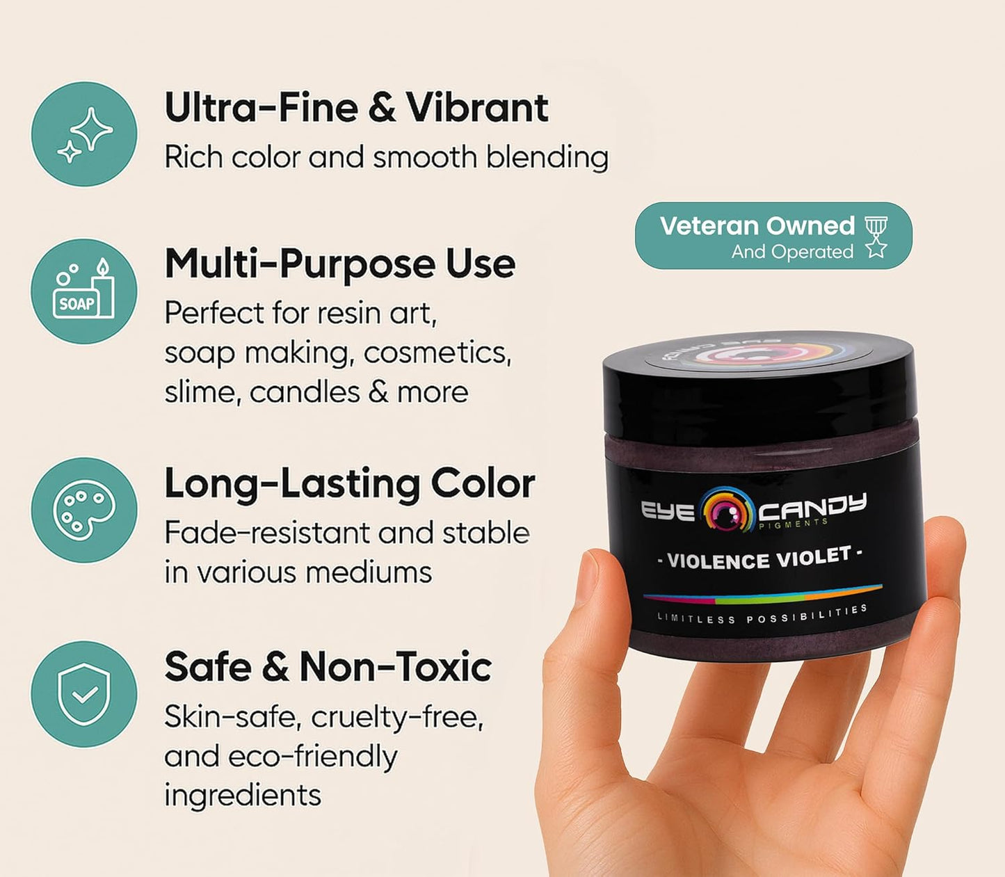 Eye Candy Pigments Premium Purple Mica Powder - Violence Violet (50gr) - for Epoxy, Resin, Soap, Paint, Woodworking, Acrylic Pouring, Bath Bombs, Fishing Lures - DIY Arts and Crafts Additive