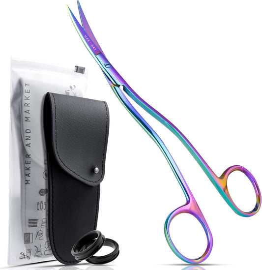 Applique Long Thin Needlepoint Blade 6.1 Inch - Double Bent Curved Offset Handle Scissors with Pouch Sleeve for Embroidery, Fabric, Thread, Knitting, Sewing, Arts & Craft (Rainbow)