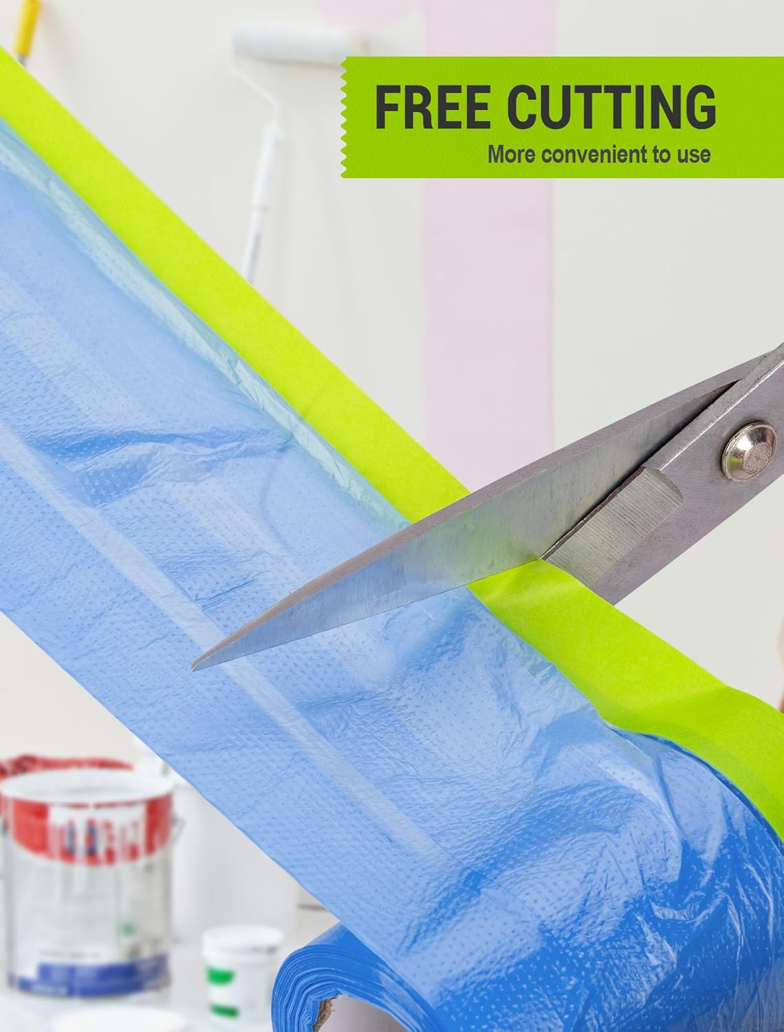Pre-Taped Masking Film for Painting, 59/43/ 22 in * 66 FT, 3-Rolls Painters Plastic Sheeting with Widened Paint Tape and Drape for Covering Walls, Windows, Cars & Furniture Protection