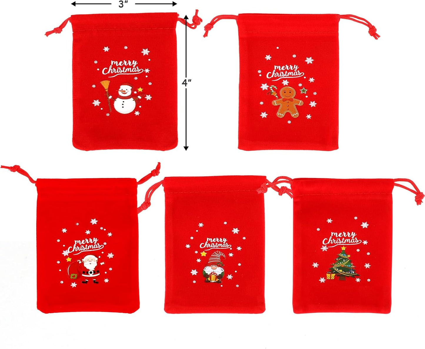 Tapleap Velvet Coth Christmas Bags with Drawstring, 50Pcs 3x4 for Wrapping Christmas Party Favors or Gifts for Friends, Children, Customers
