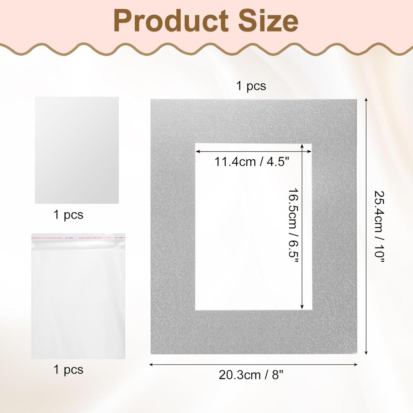 uxcell Picture Mats, 8 x 10 Mat Board Center for 5 x 7 Pictures Acid Free White Core Bevel Cut Frame Mattes with Backing for Display Art Measuring, Silver