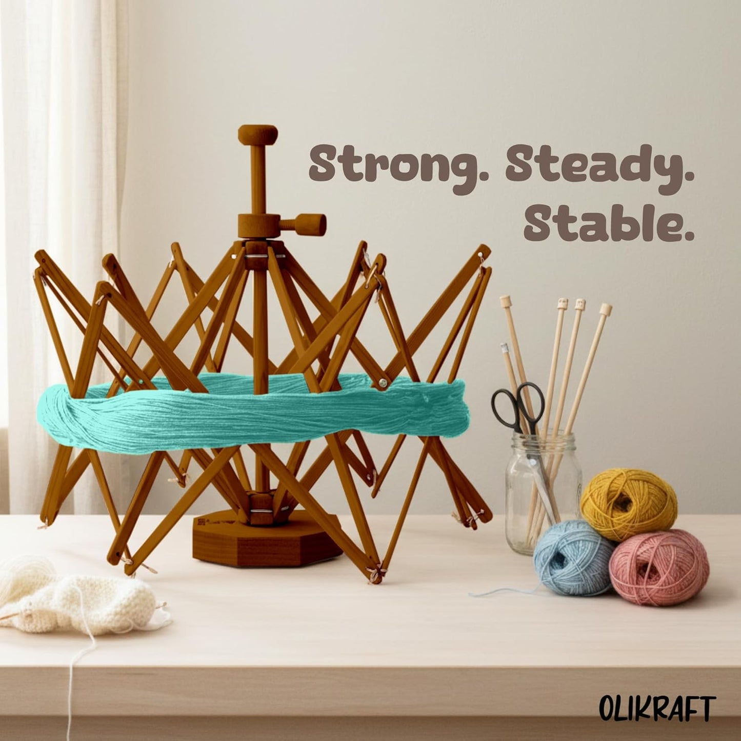 Olikraft Wooden Yarn Swift - Lightweight Reverse Yarn Umbrella Swifts, Ball Swift, Skein Winder (Brown) (Patented)