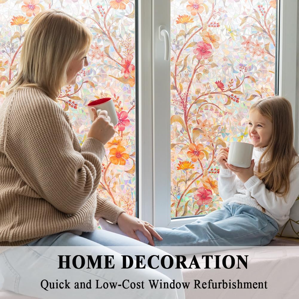 Stained Glass Window Film Static Cling Door Privacy Film Decorative Flowers Red Leaves Window Decals Stickers Heat Control Anti UV for Home and Office,23.6 inches by 118 inches