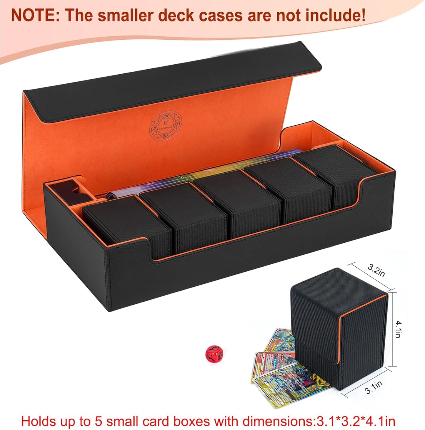 Card Deck Box,X-Large Premium Trading Card Storage Case with Mat and Dice Compartment,Magnetic Game Deck Display Case Compatible with MTG/TCG/Yugioh/Magic/Commander(Black＆Orange)