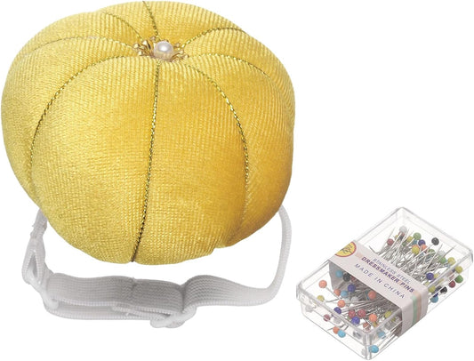 HARFINGTON Wrist Pin Cushion Wristband Sewing Pincushion Polyester Pin Holder Wearable Pumpkin Shaped Needles Wristband with 100 Head Needles for Sewing Quilting DIY Crafts, Yellow