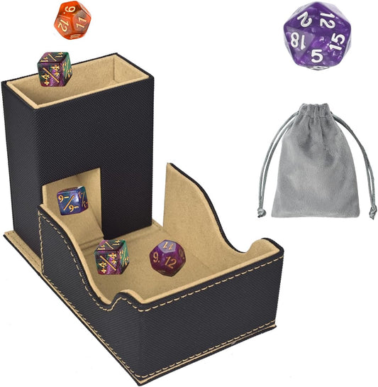 Dice Tower and Tray, Portable Commander Deck Box, Foldable Dice Storage Box for Dungeons and Dragons Rolling Tray Black/Brown