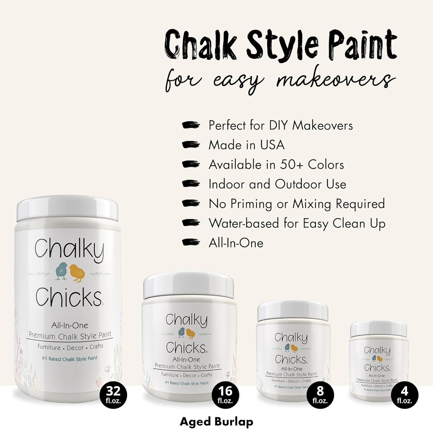 Chalky Chicks All-in-One Chalk Paint for Furniture or Cabinet - 8 Fl Oz - Matte Finish Aged Burlap White for Metal, Wood Furniture Paint - No Sanding All-in-One for Home Decor & Crafts, USA Made