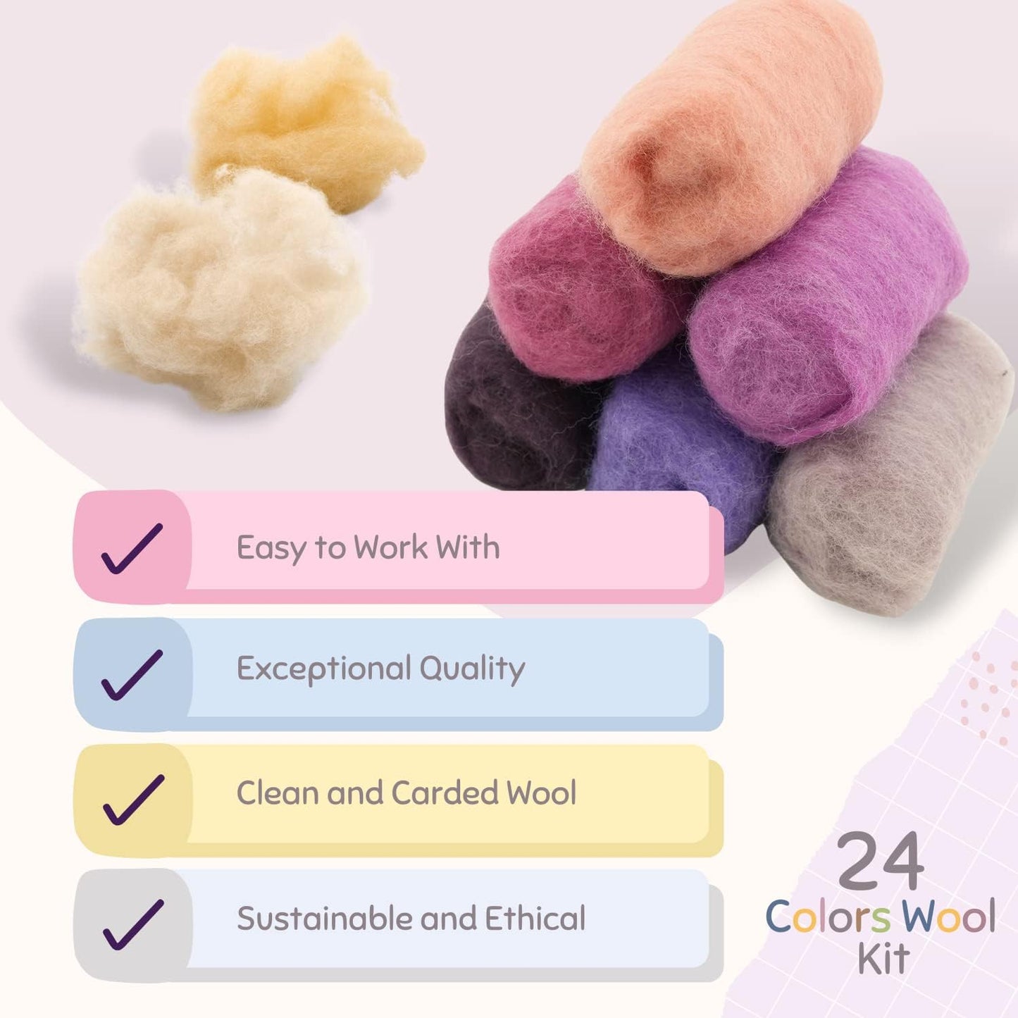 Woolbuddy Felting Wool Kit - 24 Vibrant Merino Wool Colors for Needle Felting, Wet Felting, and Crafts