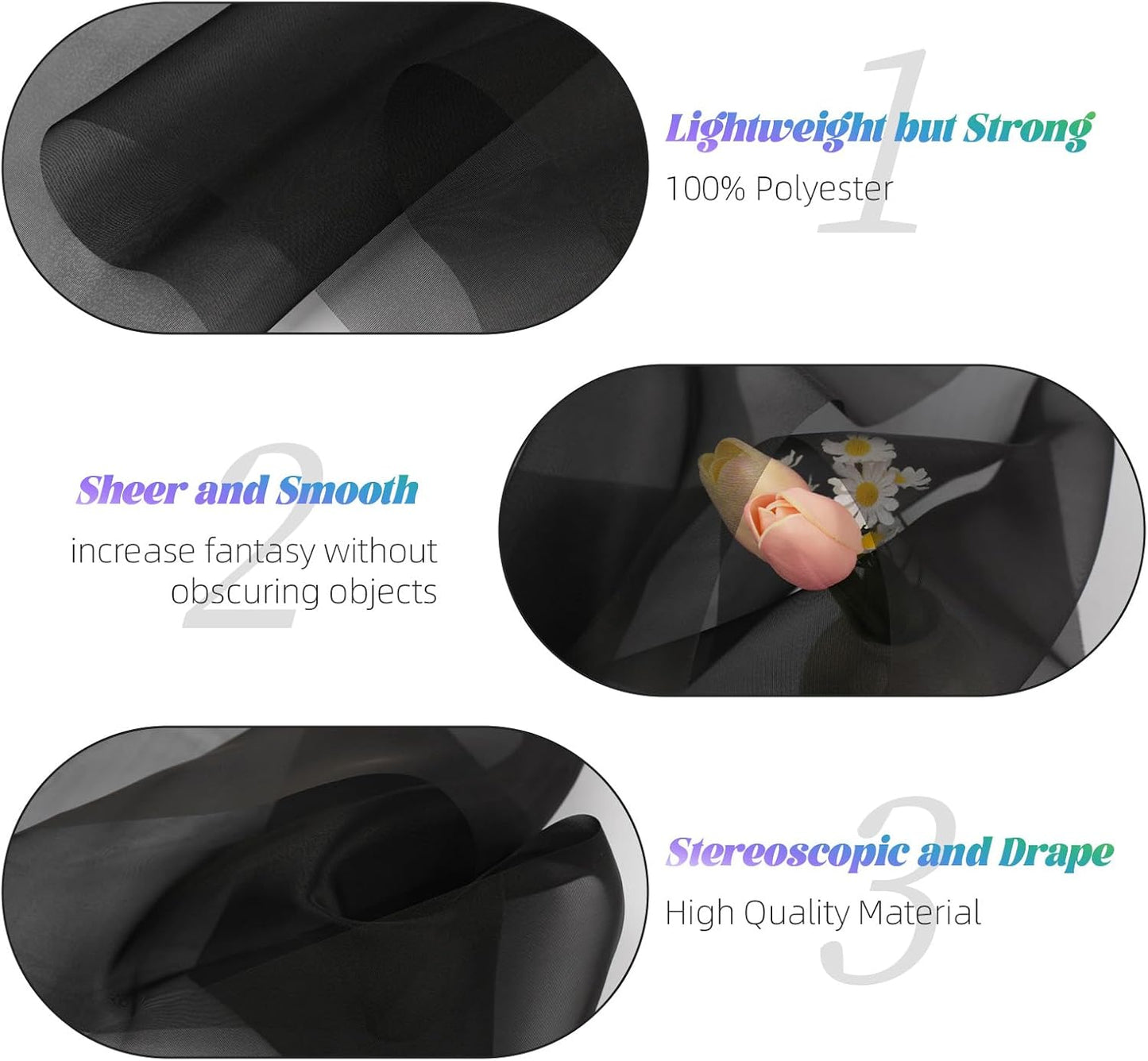 Crystal Organza Fabric Tulle 11 Inch by 50 Yards Sheer Tulle Rolls for DIY Craft Wedding Party Baby Shower Decor Gift Wrapping Party Supplies (Black)