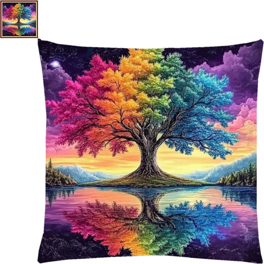 Fanxvivy Stamped Cross Stitch Kits for Adults Beginners Pillow Needlepoint Kit with Embroidery Pattern Needlework Kit Prestamped Stitches Kit 11CT Cross Stitching-Reflection Colorful Trees 18x18inch