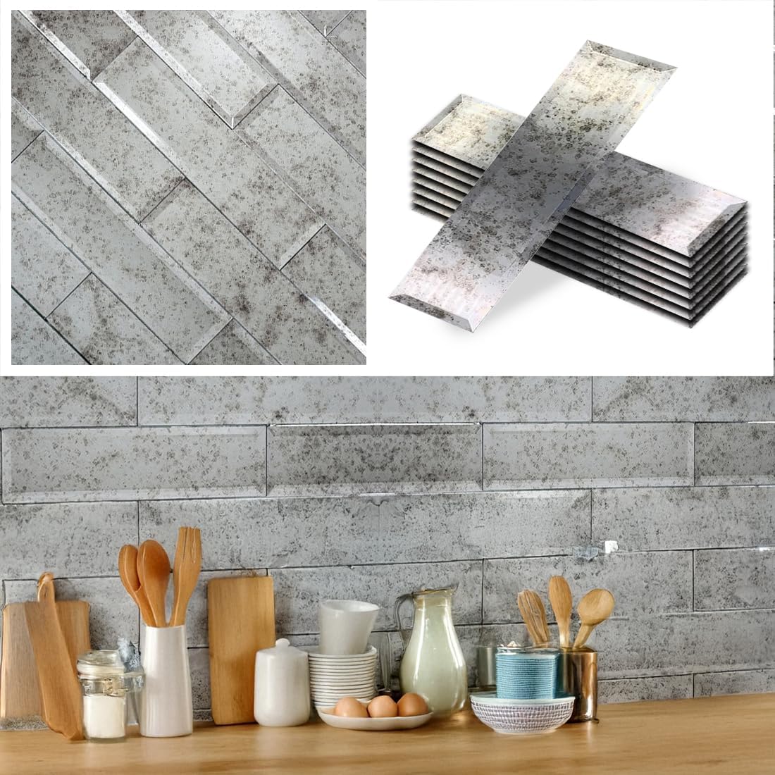 Box of 20 Antique Mirror Beveled Glass Subway Tiles – 3" x 12" Vintage Silver Finish, 5 Sq Ft, Not Peel & Stick, for Kitchen Backsplash, Bathroom Wall, Shower, Fireplace Surround, Bar or Accent Wall