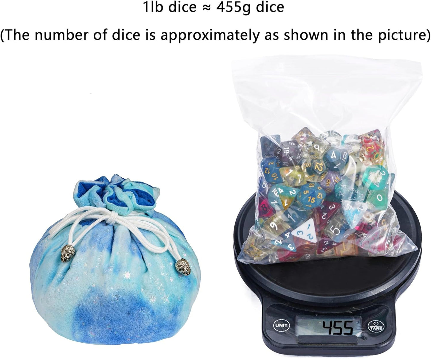 Large Dice Bags with Pockets Blue Storage Bag Star Pattern for DND RPG Game Dices (with 1lb Random DND Dice)