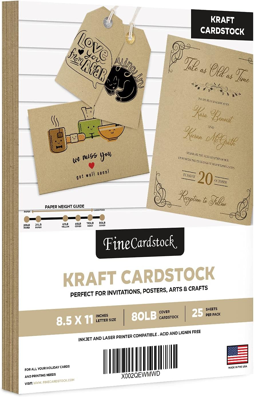 Brown Kraft Cardstock Paper, Heavyweight 8.5 x 11 Card Stock for Business Greeting Cards & Invitations, Gift Tags, Art & Crafts and More! | 80lb (216gsm) Cover | 25 per Pack