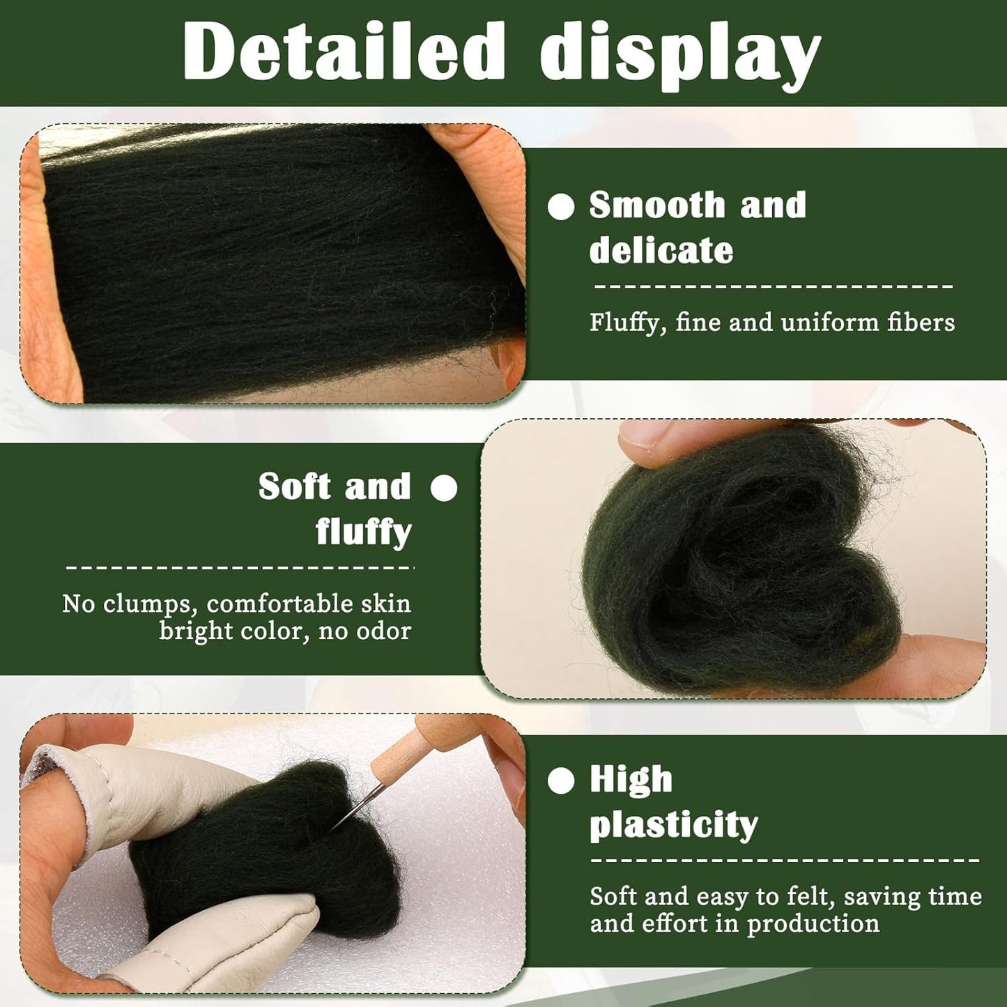 Mayboos Wool Roving Yarn, 1.76oz Colored Natural Wool Roving,Wool Felting Supplies Pure Wool Chunky Yarn for Wet Felting handcrafts and Spinning (Dark Green Color)