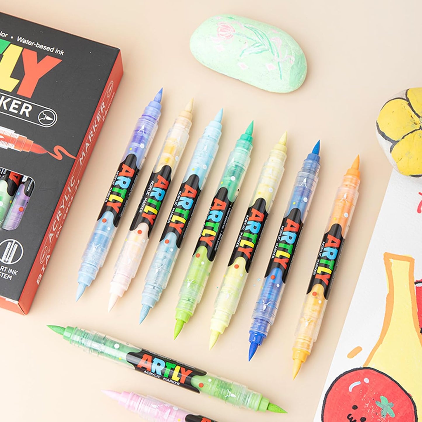 96 Colors Paint Markers, Dual-Color Acrylic Pens with Brush Tips, Double Tipped for Rocks & Art Supplies (48pcs/96colors)