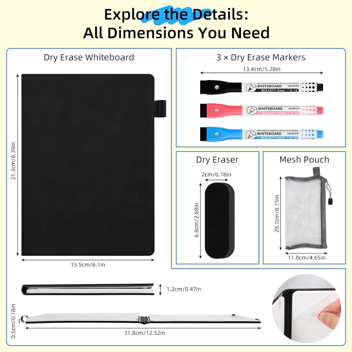 AGM Portable White Board Dry Erase Notebook, 8.4" x 6" Double Sided Folding Whiteboards with 3 Pens, Small Travel Dry Erase Board Skin-Friendly Material for Study, Meeting, Planning, Dark